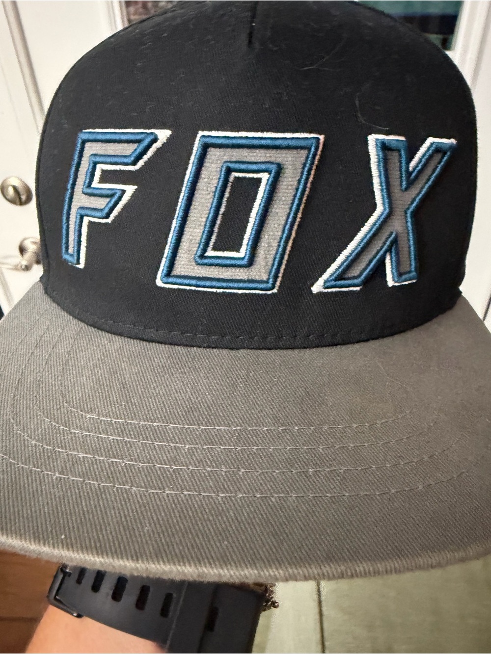 Fox Black Hat with Gray Brim and Blue Embroidered Logo Boys Youth Size
